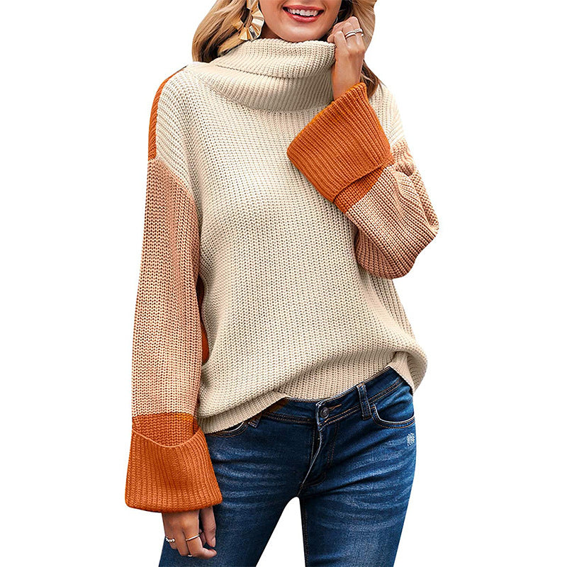 Damen Grobstrickpullover mit hohem Kragen und kontrastierenden Ärmeln EB