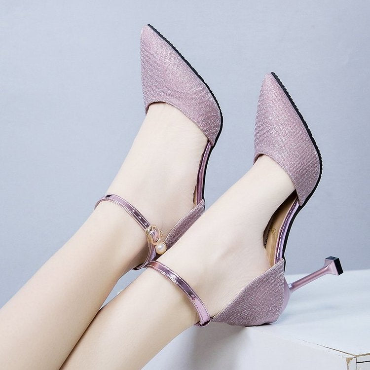 Damen elegante Spitz High Heels mit verstellbarem Knöchelriemen EB
