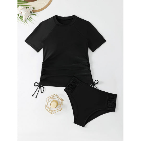 Damen Sportliches Kombi-Badeoutfit mit Kurzarm-Top und hochgeschnittenem Hosenrock EB