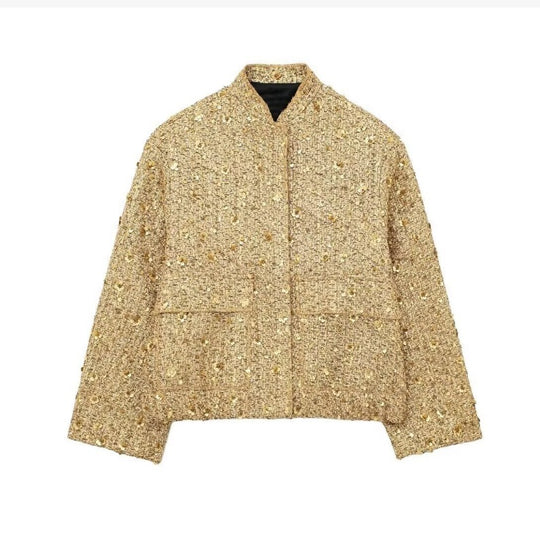 Damen nan strukturierte Boucléjacke mit Stehkragen, aufgesetzten Taschen und elastischem Saum EB