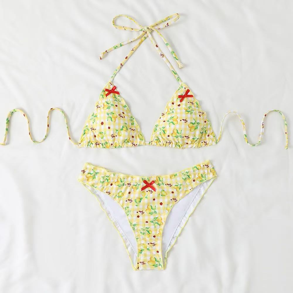 Damen Bikini-Set mit verspieltem Zitronenmuster und Rüschendetails EB