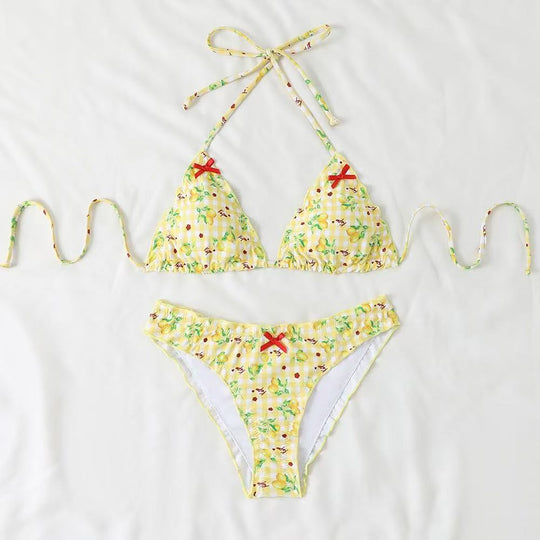 Damen Bikini-Set mit verspieltem Zitronenmuster und Rüschendetails EB