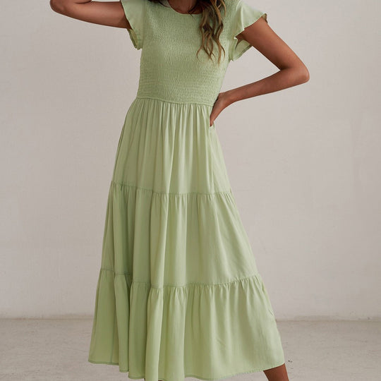 Damen Maxikleid mit voluminösen Rüschen und elastischem Rücken EB