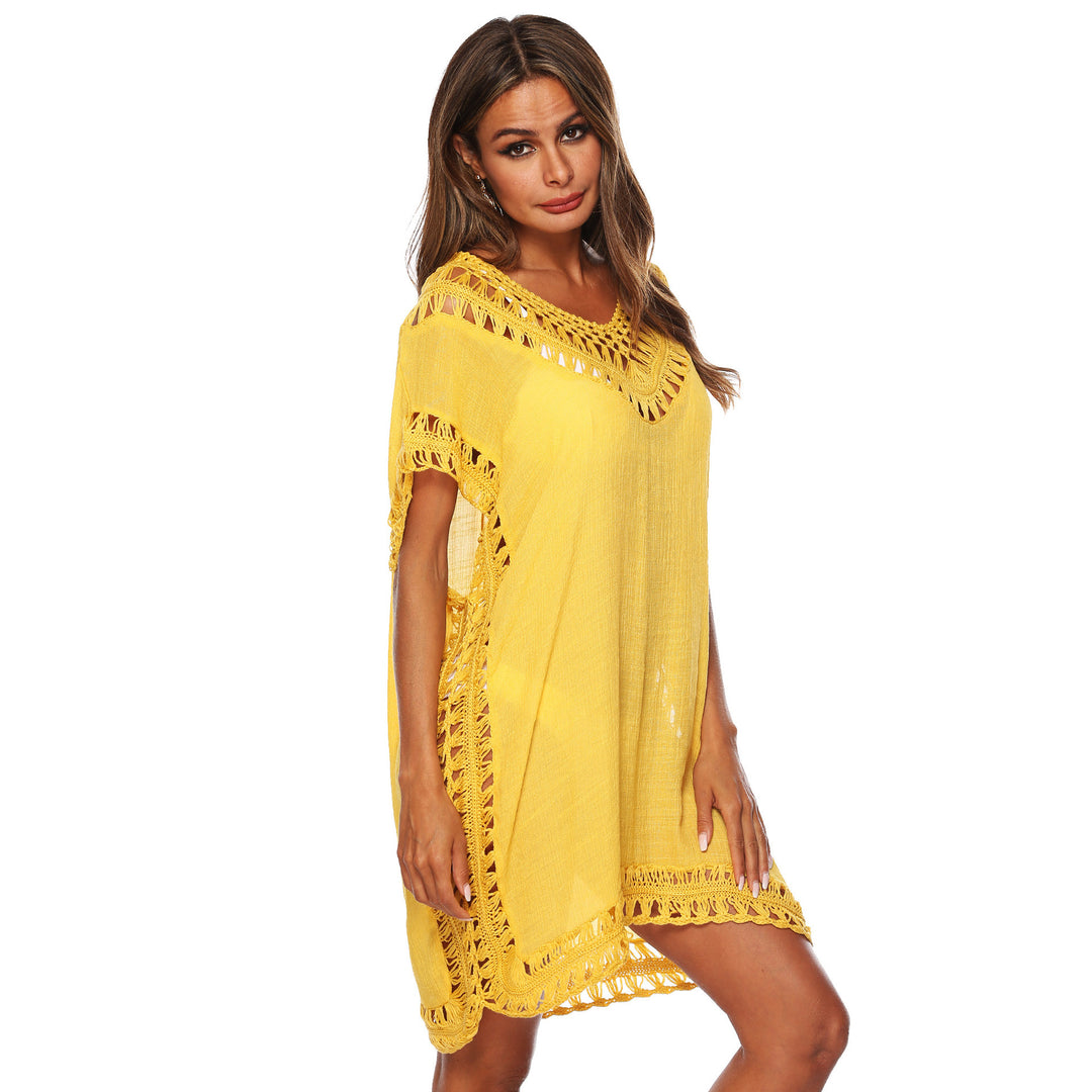 Damen Häkel-Strandüberwurf mit elegantem V-Ausschnitt und fransigen Details EB