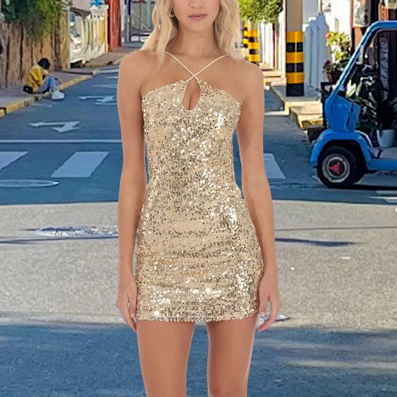 Damen Glitzerndes Minikleid mit eleganter Trägergestaltung und tiefem Ausschnitt EB