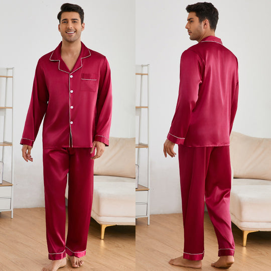 Herren Satin Schlafanzug-Set mit klassischem Kragen und eleganten Kontrastnähten EB