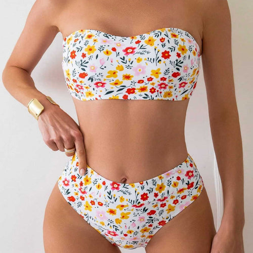 Damen Bandeau-Bikini mit hoch geschnittenem Unterteil und floralem Print EB