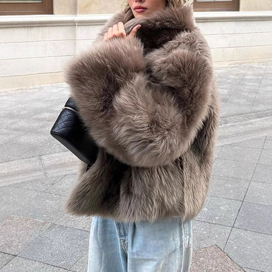 Damen Luxus Kunstfelljacke mit breitem Kragen EB