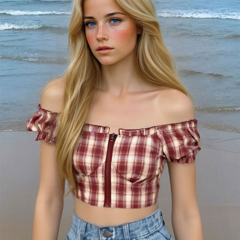 Damen Cropped Bluse mit Puffärmeln und Reißverschluss EB