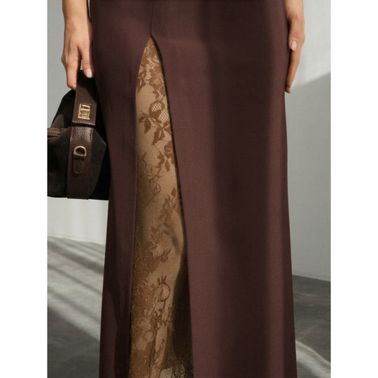 Damen Eleganter Maxirock mit transparentem Spitzeneinsatz und seitlichem Schlitz EB