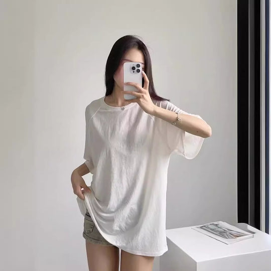 Damen lässiges T-Shirt mit überschnittenen Ärmeln EB