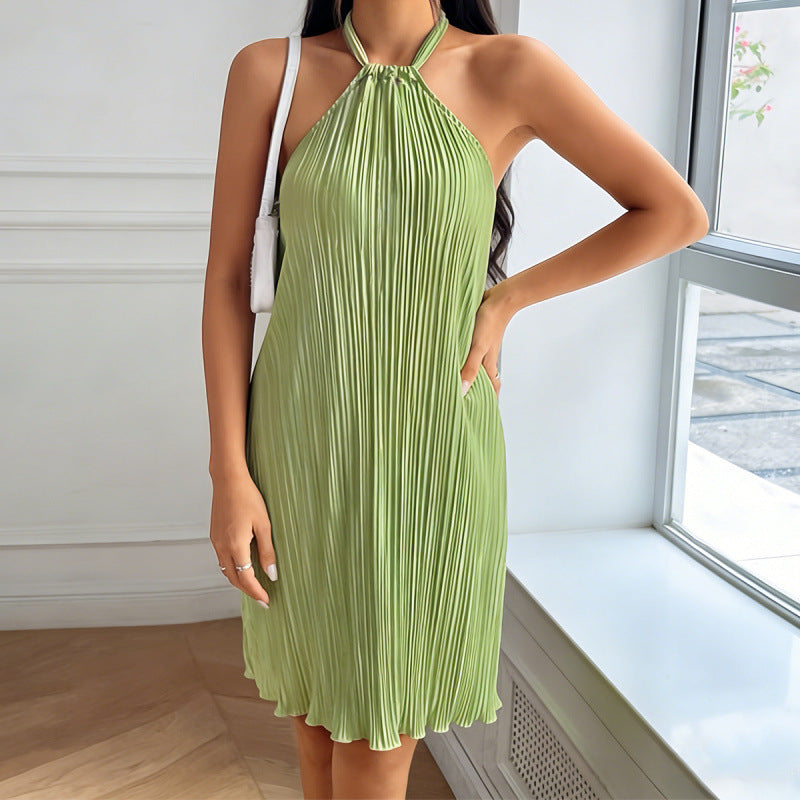 Damen Plissiertes Sommerkleid mit Neckholder und fließendem Schnitt EB
