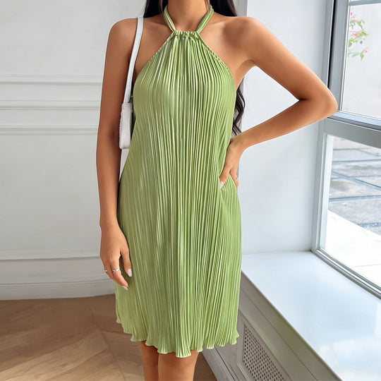 Damen Plissiertes Sommerkleid mit Neckholder und fließendem Schnitt EB