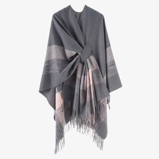 Damen Cape‑Poncho aus Wollmix mit Schlitzgürtel, geometrischem Jacquard und Fransensaum EB