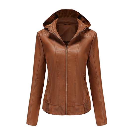 Damen nan taillierte Kunstlederjacke mit Kapuze, wattiertem Innenfutter und verdeckten Reißverschlusstaschen EB