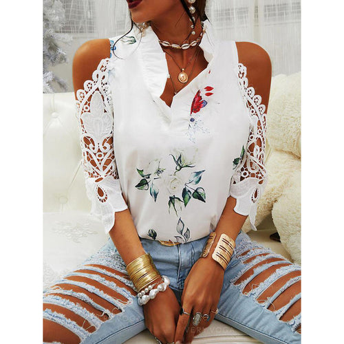 Damen Bluse mit Cut-Out-Ärmeln und floralem Design EB