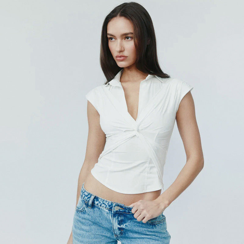 Damen elegante Kurzarmbluse mit knotenförmigem Design EB