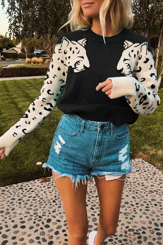 Damen Kuscheliger Pullover mit lebhaftem Tiermotiv und kontrastierenden Ärmeln EB