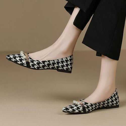 Damen elegante Ballerinas mit modischem Hahnentrittmuster und Perlenschmuck EB