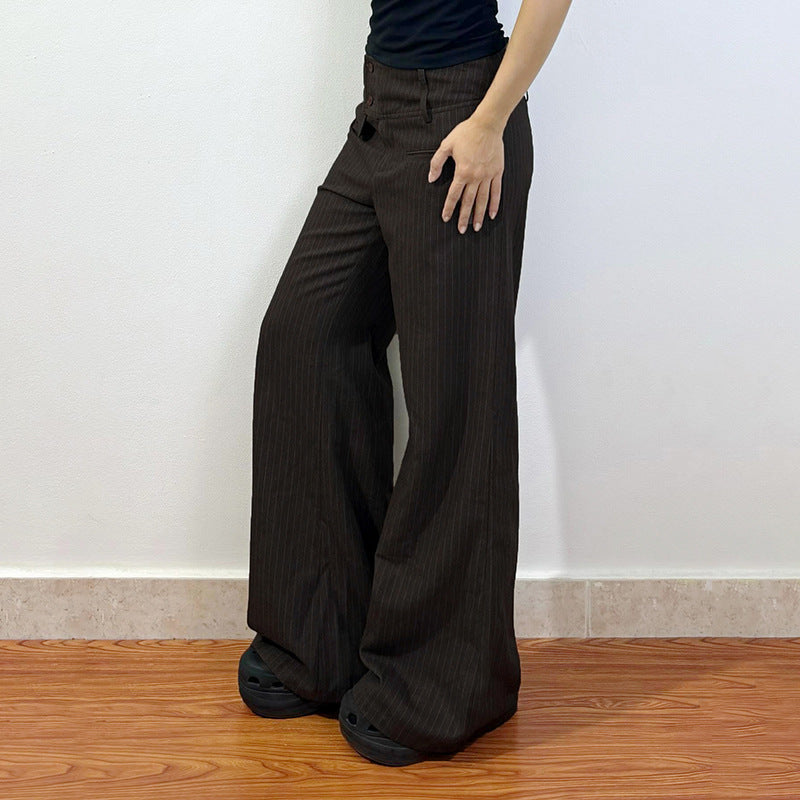 Damen Elegante weit geschnittene Streifenhose mit hoch sitzendem Bund und dekorativen Knopfdetails EB