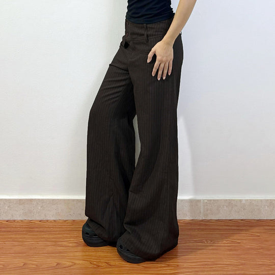 Damen Elegante weit geschnittene Streifenhose mit hoch sitzendem Bund und dekorativen Knopfdetails EB