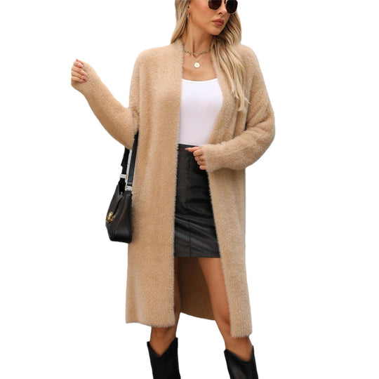 Damen Flauschiger Strickcardigan mit offenem Schnitt und langen Ärmeln EB