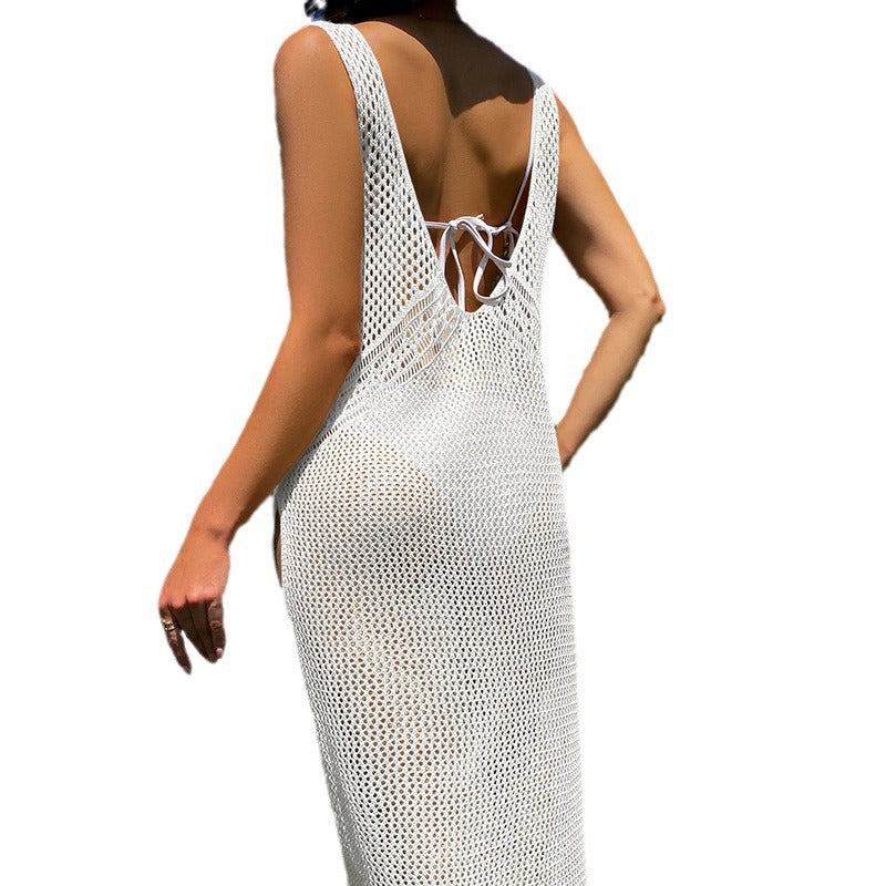 Damen Häkel-Strandkleid mit raffinierten Lochdetails und tiefem V-Ausschnitt EB
