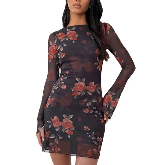 Damen lässiges Minikleid mit floralem Muster und transparenten Ärmeln EB