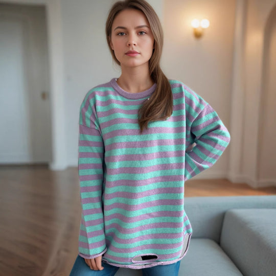Damen lässiger Oversize-Pullover mit breiten Streifen EB
