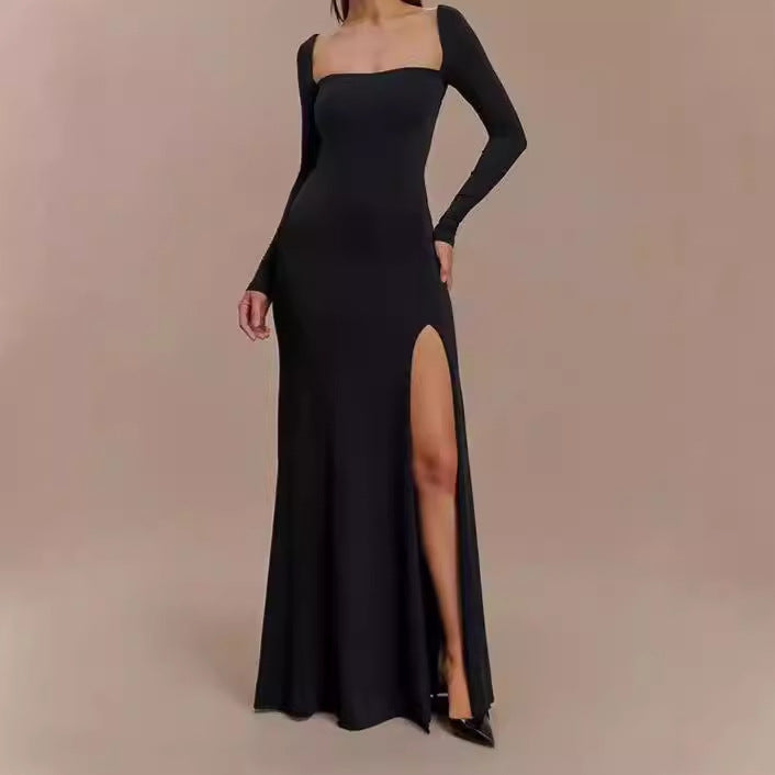 Damen Elegantes Maxikleid mit tiefem Schlitz und langen Ärmeltechnik EB