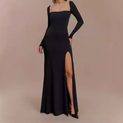 Damen Elegantes Maxikleid mit tiefem Schlitz und langen Ärmeltechnik EB