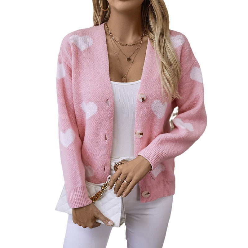 Damen modische Strickjacke mit Herzmotiven und Knöpfen EB