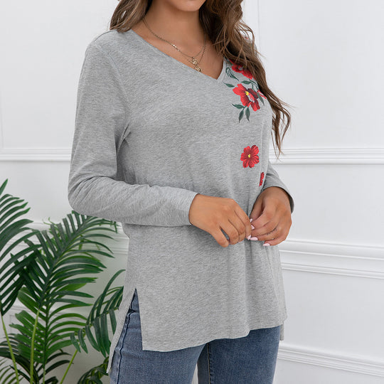 Damen Langarm-T-Shirt mit floralem Print und V-Ausschnitt EB