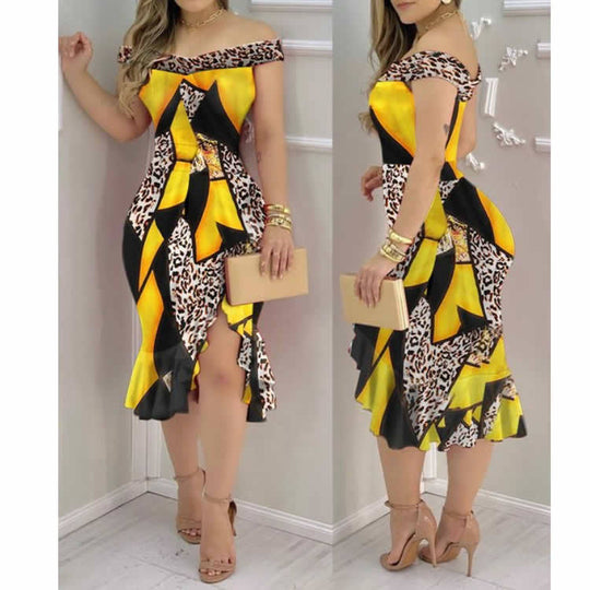Damen Kleid im Fließenden Design mit Raffinierter Asymmetrie und Off-Shoulder Ärmeln EB