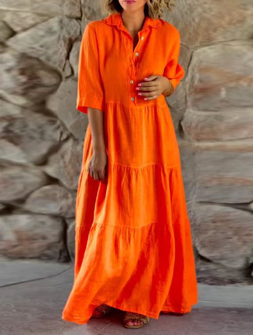 Damen nan langes Hemdblusenkleid mit geraffter Taillennaht, dreiviertelärmeln und stufigem Volantrock EB