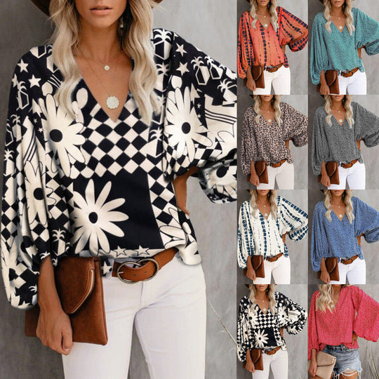 Damen Bluse mit weitem Puffärmel und eleganter V-Ausschnitt EB