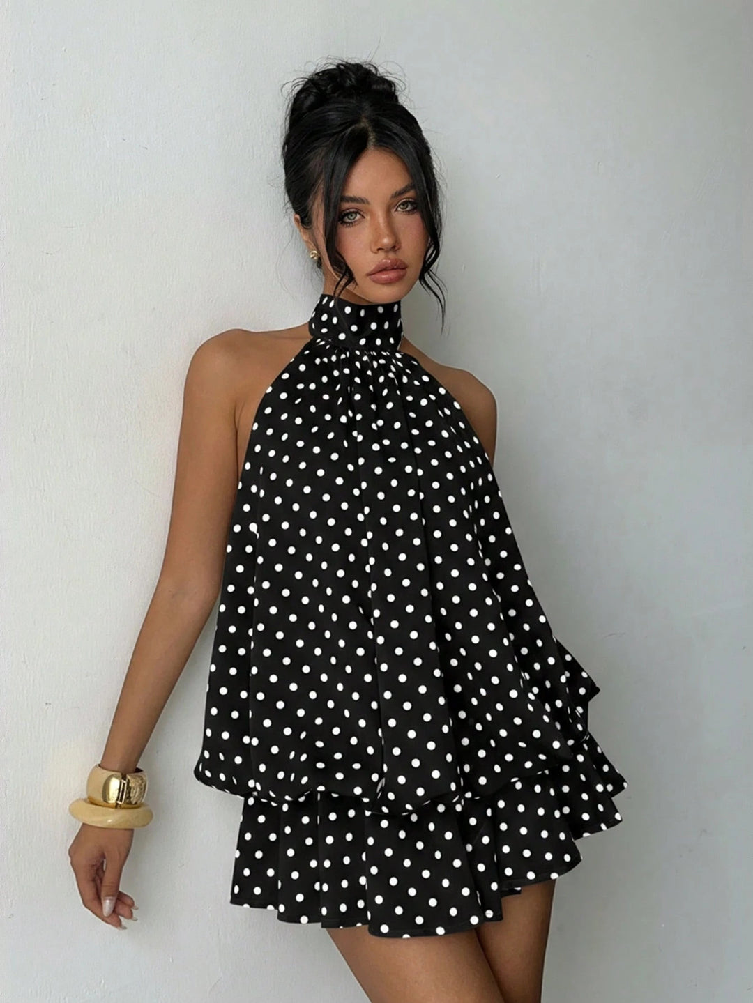 Damen modisches Polka-Dots Set mit hohem Kragen und voluminösen Ärmeln EB