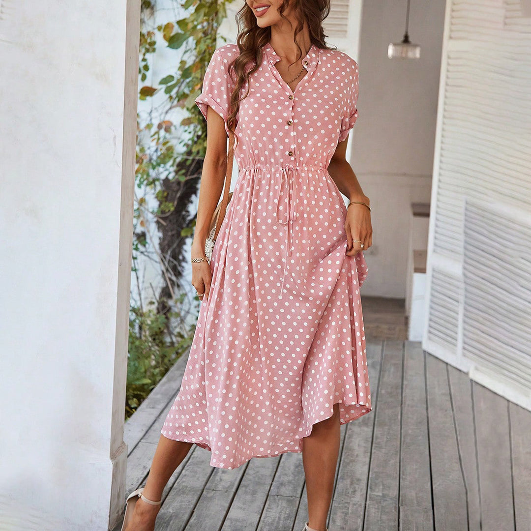 Damen Elegantes Hemdblusenkleid mit tailliertem Design und Polka-Dots EB