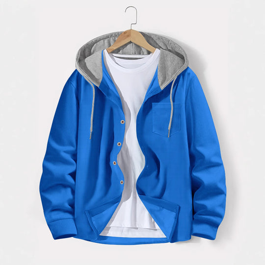 Herren nan leichtes Utility-Hoodie-Überhemd mit Kontrastkapuze, Knopfleiste und Brusttasche EB