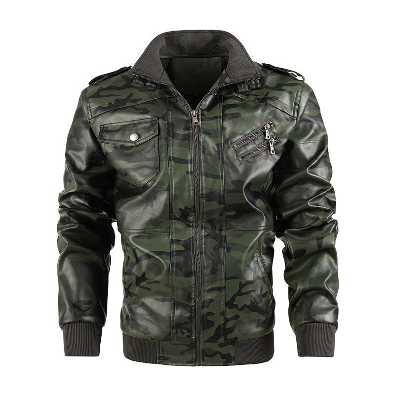 Herren Camouflage Kunstleder Biker-Blouson mit Schulterklappen, Reißverschluss‑Detail und Rippbündchen EB