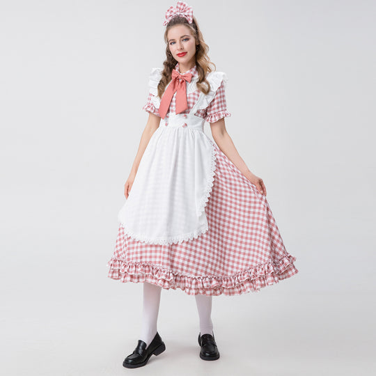 Damen nan Vintage-inspiriertes Karo-Swingkleid mit abnehmbarer Schürze, Rüschenärmeln und Schleifenkragen EB