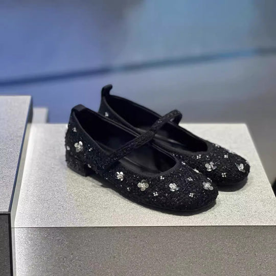 Damen Ballerinas mit floralem Glitzer-Akzent und verstellbarem Riemendesign EB