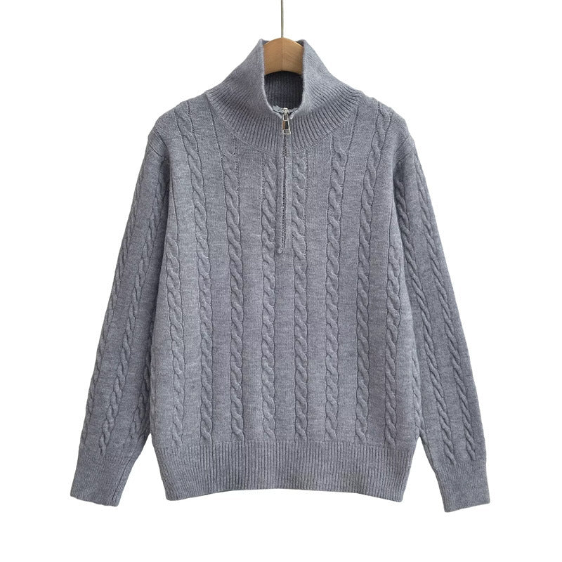 Damen Strickpullover mit kurzem Reißverschluss und Zopfmuster EB