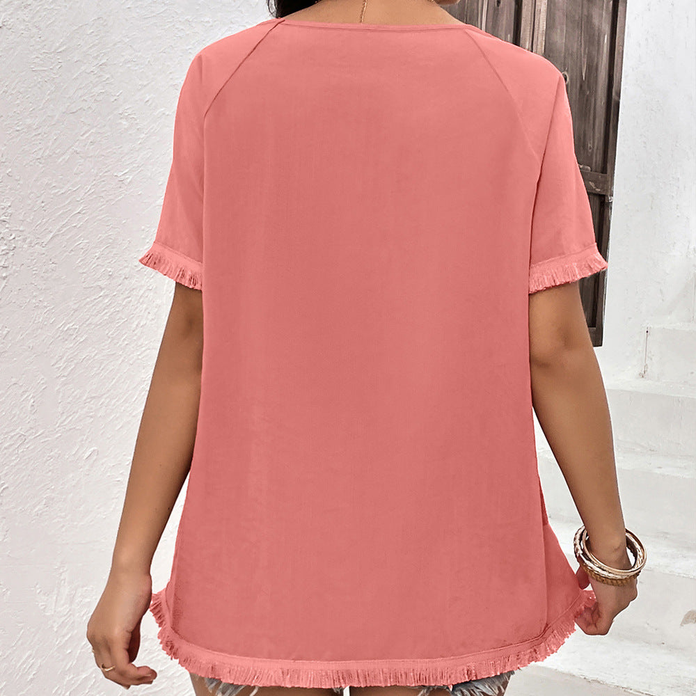 Damen lässiges T-Shirt mit fransigen Ärmeln und Rundhalsausschnitt EB