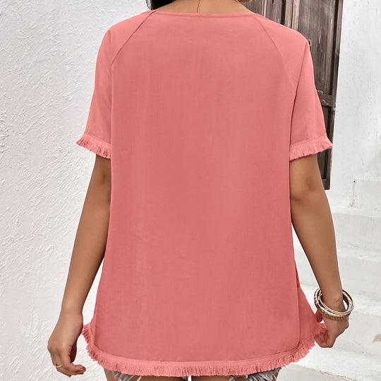 Damen lässiges T-Shirt mit fransigen Ärmeln und Rundhalsausschnitt EB