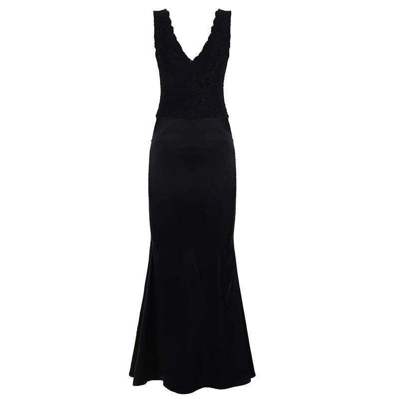 Damen Elegantes Maxikleid mit tiefem V-Ausschnitt und romantischem Spitzenoberteil EB