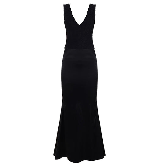 Damen Elegantes Maxikleid mit tiefem V-Ausschnitt und romantischem Spitzenoberteil EB
