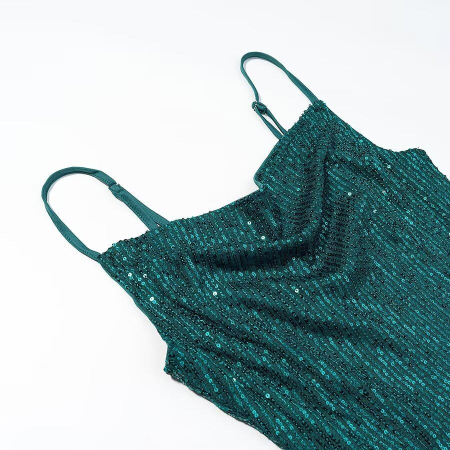 Damen Glamouröses Midikleid mit schimmerndem Stoff und bequemen Spaghettiträgern EB