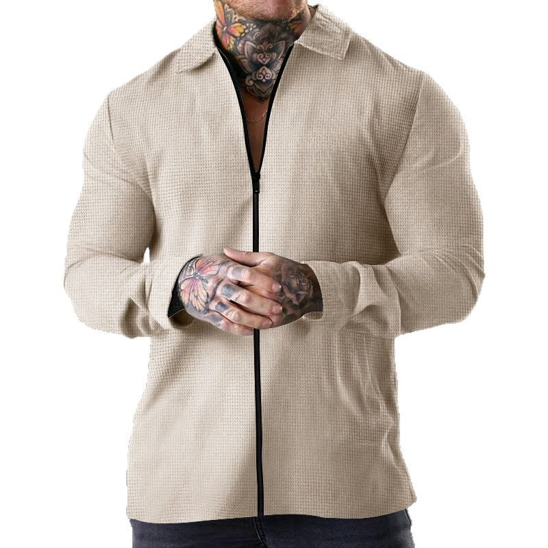 Herren nan strukturierte Zip-Hemdjacke aus Waffelstrick mit Kentkragen und schmaler Silhouette EB