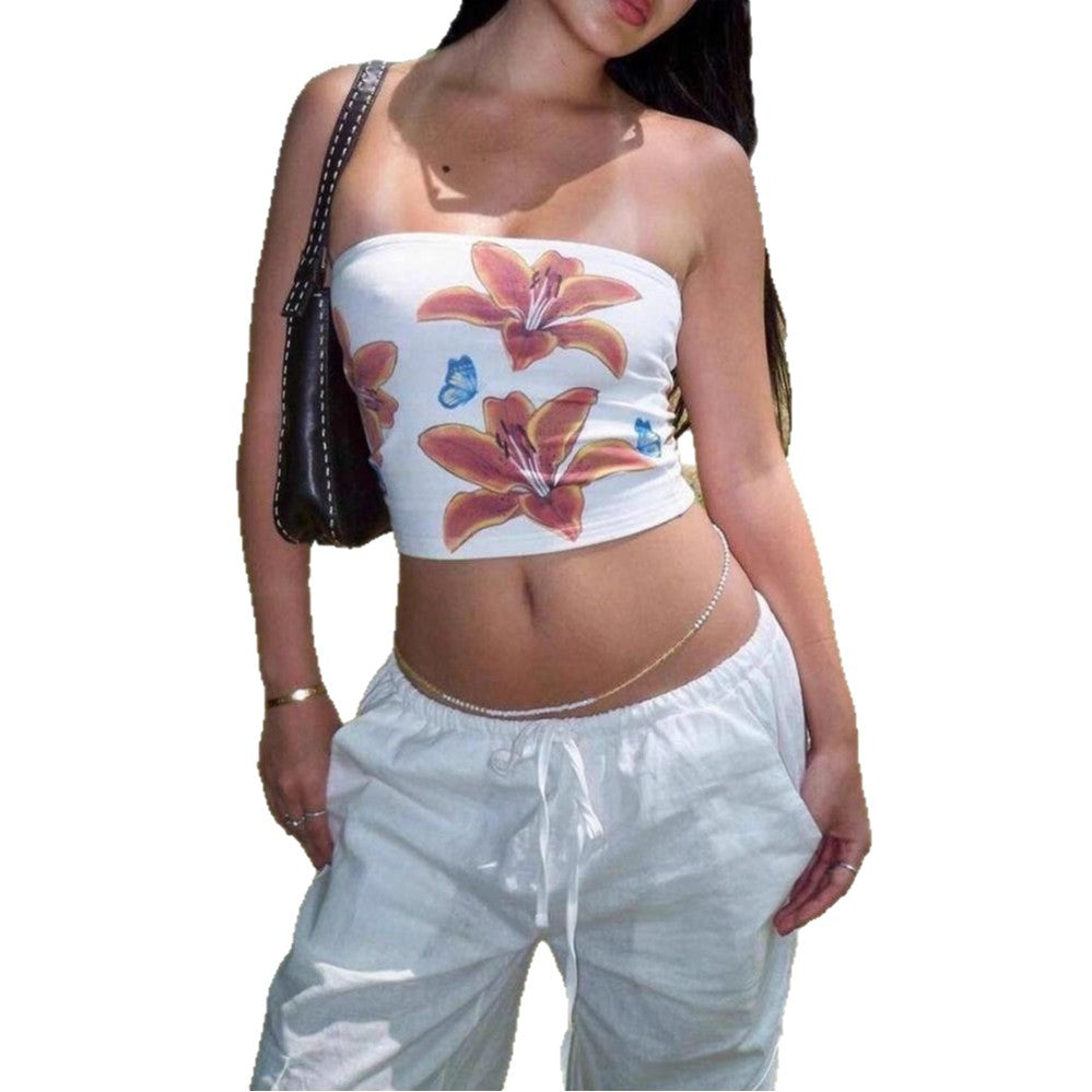 Damen Strapless Crop-Top mit buntem Blumenmuster EB